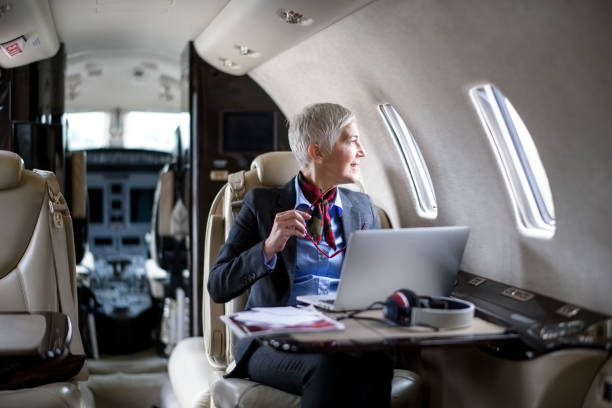 istock Businesswoman in private jet airplane 910955958