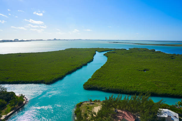 vista aérea de cancún de la laguna nichupté - lagoon fotografías e imágenes de stock