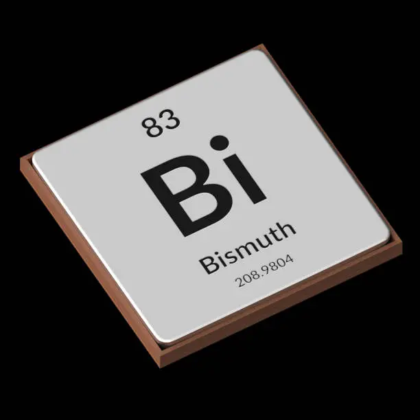 Embossed isolated metal plate displaying the chemical element Bismuth, its atomic weight, periodic number, and symbol on a black background. This image is a 3d render.
