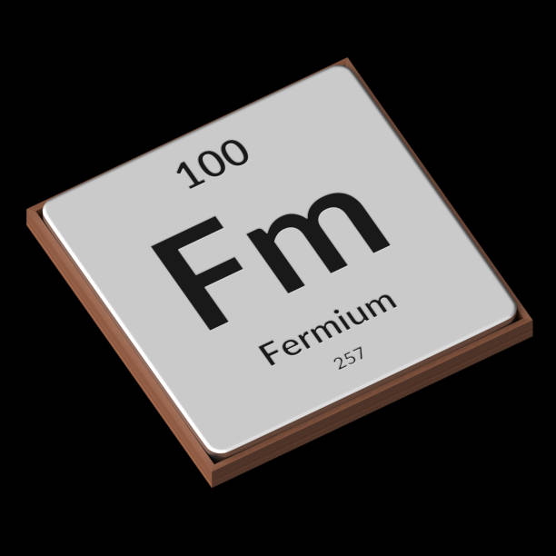 Chemical Element Fermium Embossed Metal Plate on a Black Background Embossed isolated metal plate displaying the chemical element Fermium, its atomic weight, periodic number, and symbol on a black background. This image is a 3d render. fermium stock pictures, royalty-free photos & images