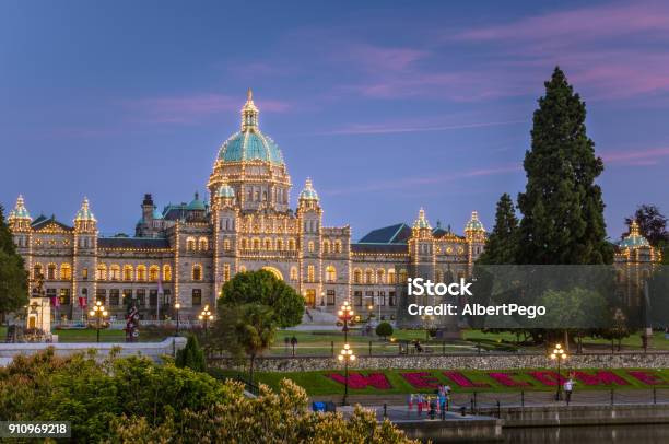 Illuminated British Columbia Parliament Building At Dusk Stock Photo - Download Image Now