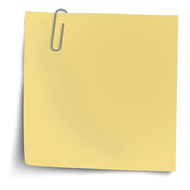 ilustrações, clipart, desenhos animados e ícones de nota pegajosa amarela, com grampo de papel metálico isolado no fundo branco - thumbtack message reminder office