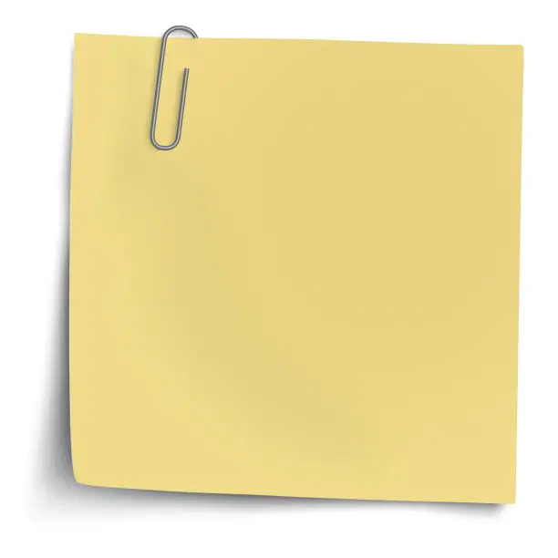 Vector illustration of Yellow sticky note with metallic paper clip isolated on white background