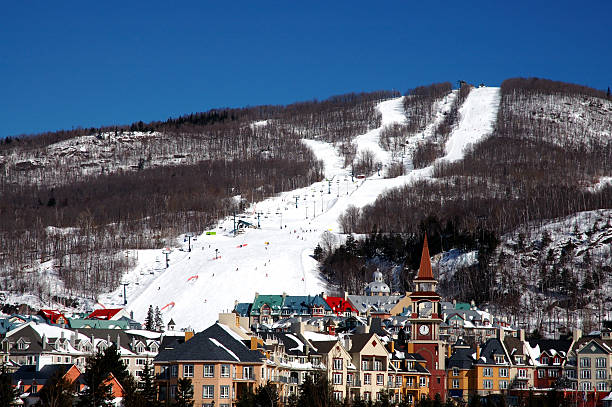 Panoramic view of a ski hill with village below stock photo
