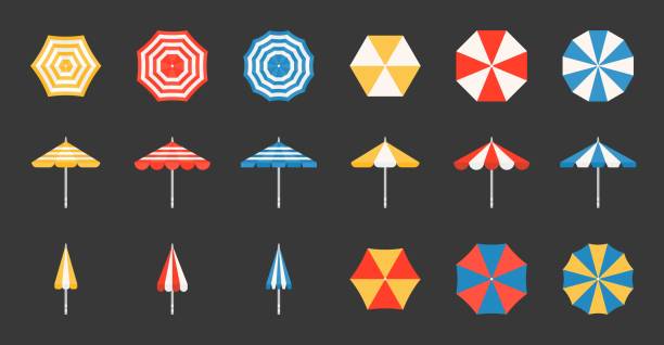 пляжный зонт набор, боковой и воздушный вид, плоский дизайн пикселя идеальный значок на сетке системы - зонтик от солнца stock illustrations
