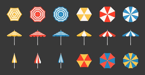 Beach umbrella set, side and aerial view, flat design pixel perfect icon on grid system
