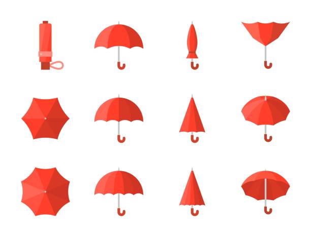 roten regenschirm-symbol in verschiedenen stil, flaches design - umbrella stock-grafiken, -clipart, -cartoons und -symbole