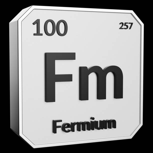 Upright Metal Plaque with Black 3D Text of Chemical Element Fermium 3d text of Chemical Element Fermium, its atomic weight, periodic number, and symbol on shiny metal geometry with a black background. This image is a 3d render. fermium stock pictures, royalty-free photos & images