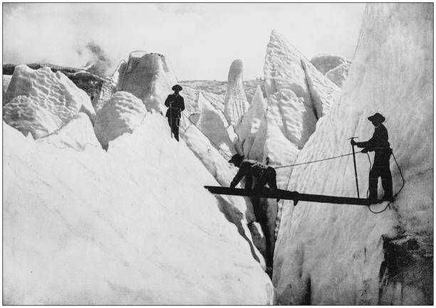 Antique photograph of World's famous sites: Glacier des Boissons, Mont Blanc Antique photograph of World's famous sites: Glacier des Boissons, Mont Blanc chamonix photos stock illustrations