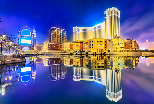 Cityscape of Macau at night. Located in Macau.