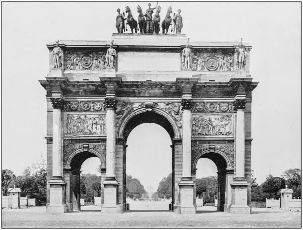 ilustraciones, imágenes clip art, dibujos animados e iconos de stock de fotografía antigua de sitios famosos del mundo: arco del triunfo, la place du carrousel, parís, francia - arc de triomphe du carrousel