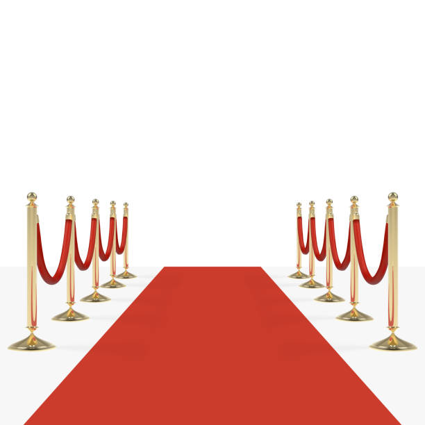 Red carpet with red ropes on golden stanchions Red carpet with red ropes on golden stanchions. Exclusive event, movie premiere, gala, ceremony, awards concept. Blank template illustration with space for an object, person, logo, text. film premiere stock illustrations