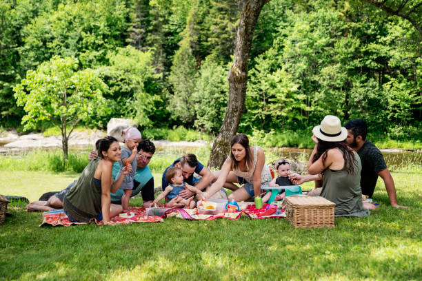 Millennials families having a picnic outdoors in summer.