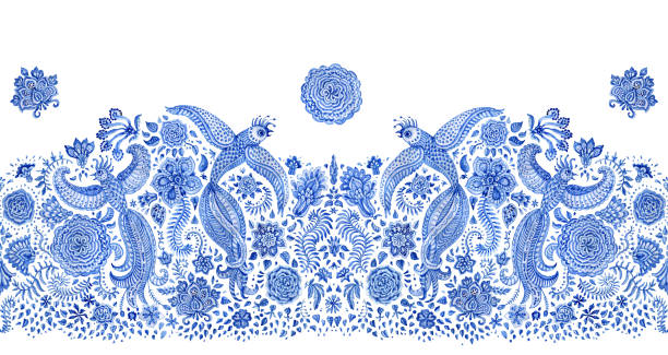 추상 꽃 수채화 원활한 테두리는 흰색 바탕에. 이국적인 조류, 페이 즐 리 요소, 환상적인 꽃, 요정 질감 단풍. 책자 페이지, 앨범, 브로셔, 책 표지, 티 셔츠 인쇄 - textile blue leaf paisley stock illustrations