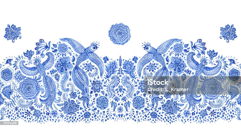 Abstract floral watercolor seamless border on a white background. Exotic bird, Paisley elements, fantastic flower, fairy textured foliage.Booklet page, album, brochure, book cover, tee-shirt print Batik stock illustration