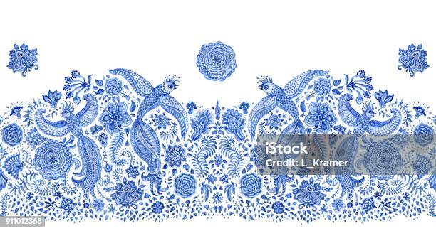 Abstract Floral Watercolor Seamless Border On A White Background Exotic Bird Paisley Elements Fantastic Flower Fairy Textured Foliagebooklet Page Album Brochure Book Cover Teeshirt Print Stock Illustration - Download Image Now