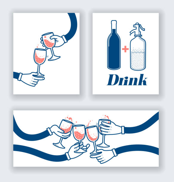 Drink wine and soda Flat vector illustration of drinking wine and soda, cheers, clinking glasses, party on white card happy hour illustrations stock illustrations