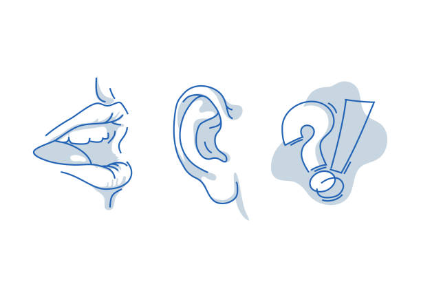 오픈 인간의 입, 말하기와 듣기입니다. 듣고 하 고 단어를 이해입니다. 흰색 배경에 고립 된 인간의 감각입니다. 정보 그래픽, 웹 사이트 및 인쇄 매체에 적합 합니다. - 귀 부분 stock illustrations
