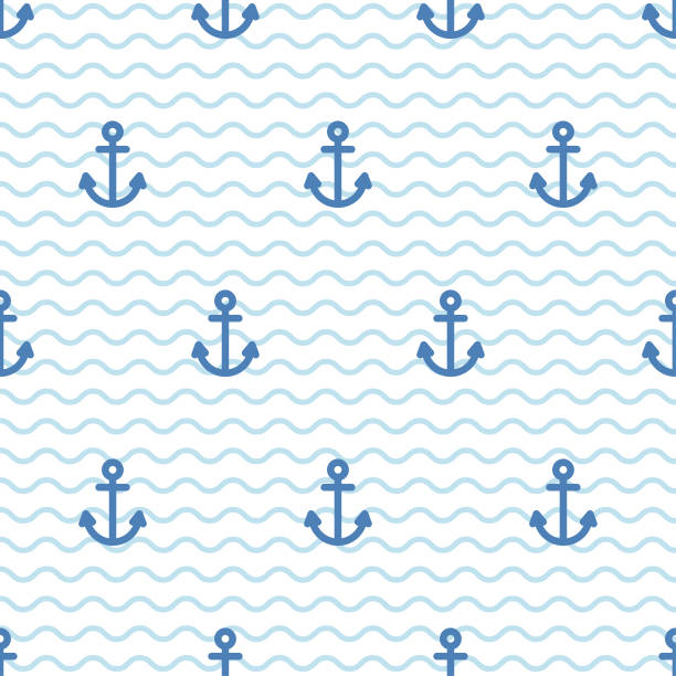 앵커 패턴입니다. 벡터 편평한 바다 원활한 블루 패턴 배경입니다. 앵커와 함께 귀여운 템플릿 - color image colored background nautical vessel sea stock illustrations