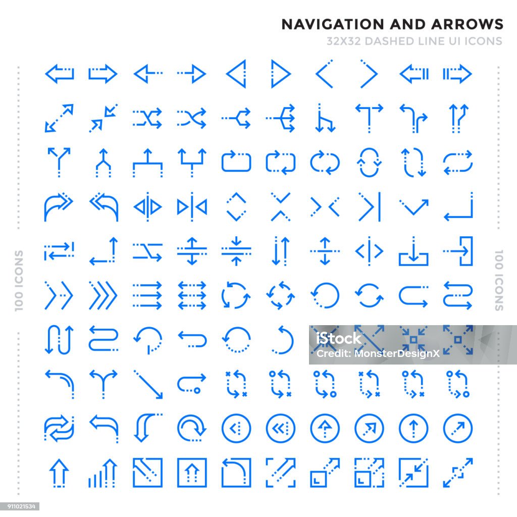 Dashed Outline Icons Pack for UI. Pixel perfect thin line vector icon set for web design and website application. Arrow Symbol stock vector