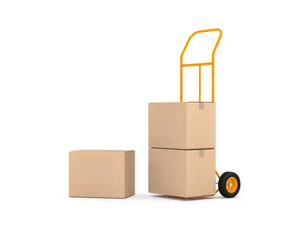 Hand Truck and three brown cardboard boxes on white background, 3d rendering