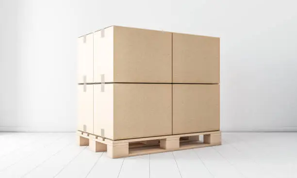 Stack of Four Brown cardboard boxes mockup on euro pallet, in white room, 3d rendering