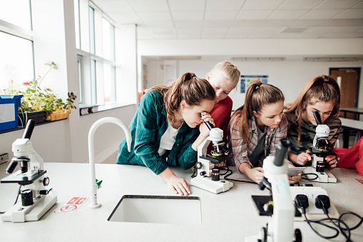 Group of teenage girls looking down microscope at school while learning STEM.
