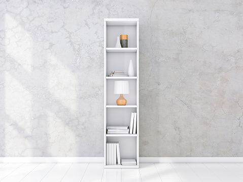 White shelving unit with books and decor in interior, concrete wall, bookshelf mockup, 3d rendering