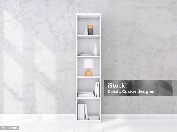 White Shelving Unit With Books And Decor In Interior Concrete Wall Bookshelf Mockup Stock Photo - Download Image Now