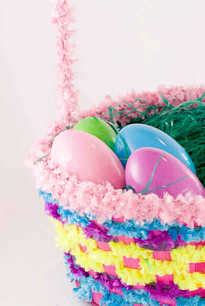 Easter Basket and Toy Eggs stock photo