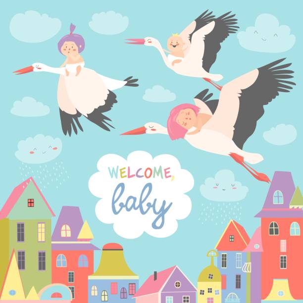 Storks with babies Storks is flying in the sky with babies above the city. Vector illustration funny pregnancy announcements stock illustrations