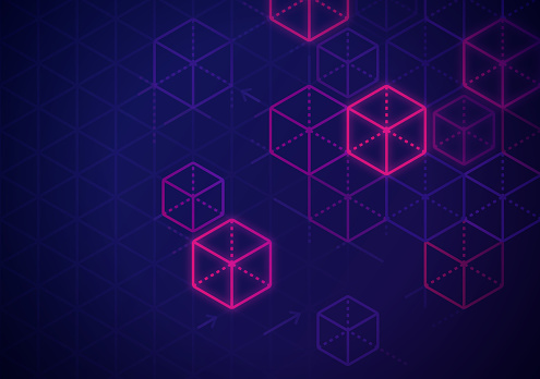 Blockchain and cryptocurrency dark isometric cubes background.