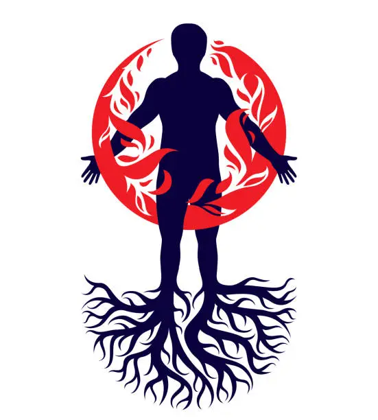Vector illustration of Vector illustration of human being created with tree roots. Human and nature harmony, fire man covered with a fireball.