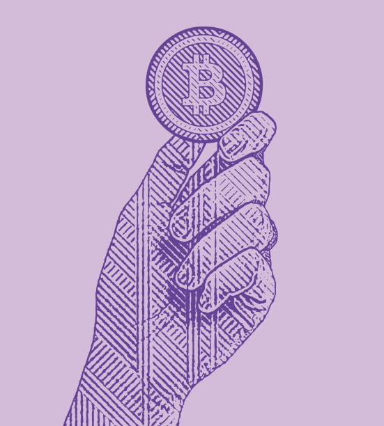 Ultra Violet engraving illustration of a hand holding a bitcoin Ultra Violet engraving illustration of a hand holding a bitcoin part of a series stock illustrations