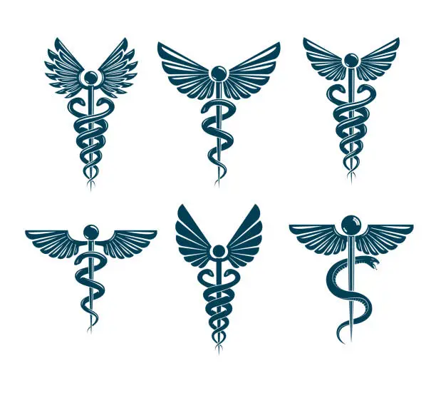 Vector illustration of Set of vector Caduceus symbols created using bird wings and snakes. Medical treatment and rehabilitation theme illustrations.