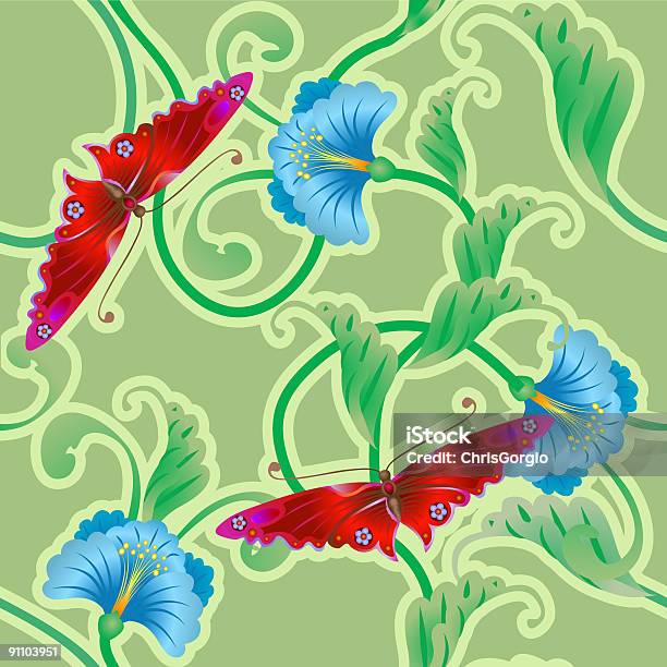 Ilustración de Mariposa Y Oriental Tileable Fondo Sin Costuras De Flor y más Vectores Libres de Derechos de Acurrucado