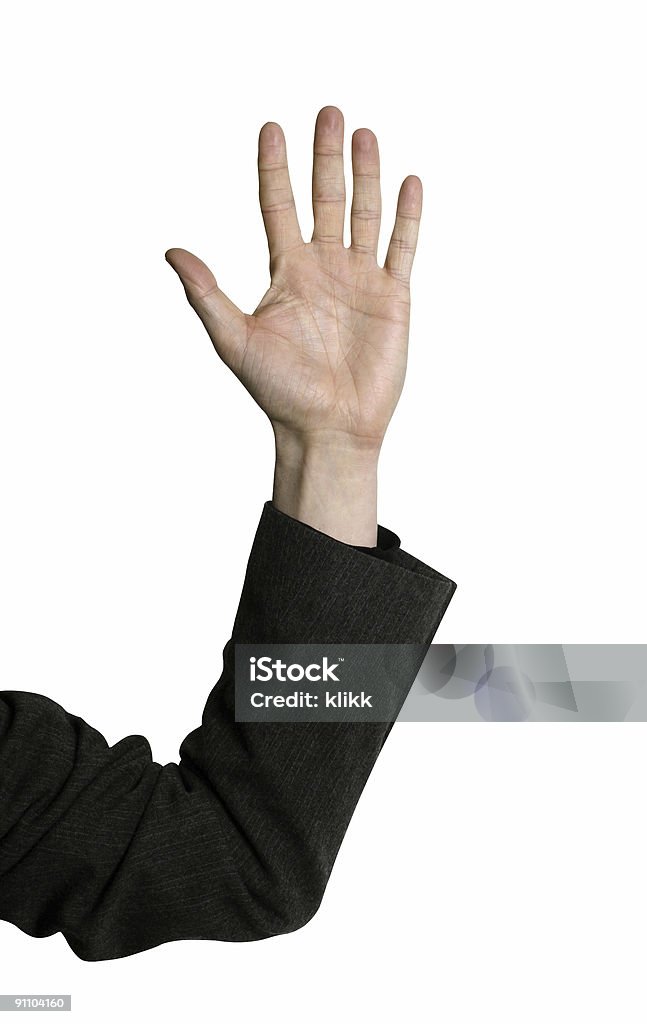 Hand of a business man raised in mid-air  Hand Raised Stock Photo