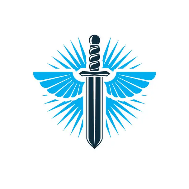 Vector illustration of Vector graphic illustration of sword created with bird wings, battle and security metaphor symbol. Seraph vector emblem.