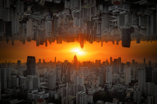 Invert City upside down with sunlight passing through at sunset