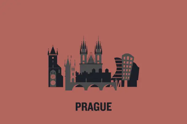 Vector illustration of Minimalist illustration of Prague principal buildings. Flat vector design.