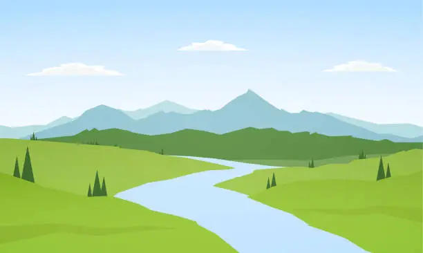 Vector illustration of Vector illustration: Summer mountains landscape with river on foreground.