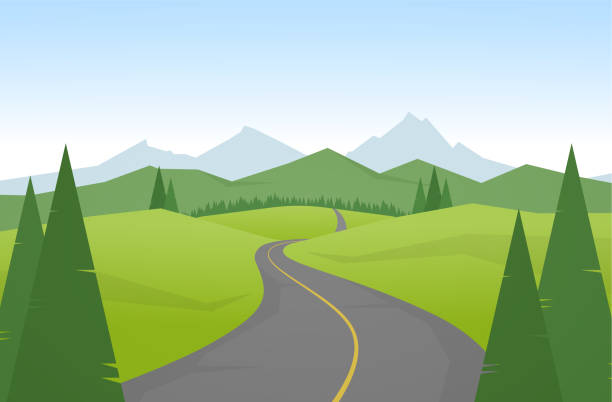 ilustrações de stock, clip art, desenhos animados e ícones de vector illustration: cartoon mountains landscape with road. - road street hill landscape