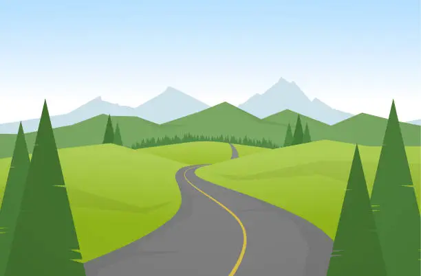 Vector illustration of Vector illustration: Cartoon mountains landscape with road.