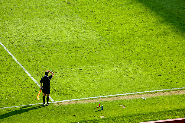 assistant referee/touch richter/linienrichter-alternative view unten - soccer field soccer single line field stock-fotos und bilder