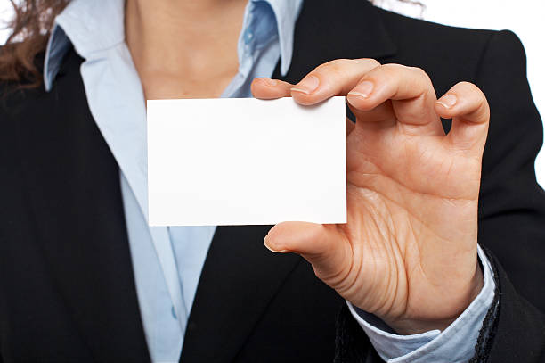 istock Business woman holding one blank card 91105918