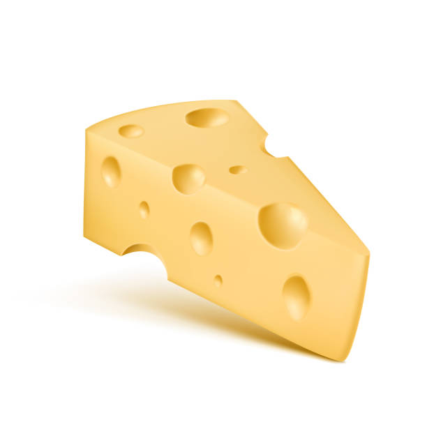 Cheese 3D realistic vector icon of trinagle piece with holes Cheese realistic vector 3D triangle piece. Illustration of dairy product Emmental or Cheddar hard cheese slice with holes isolated icon on white background with shadow for food design swiss cheese slice stock illustrations