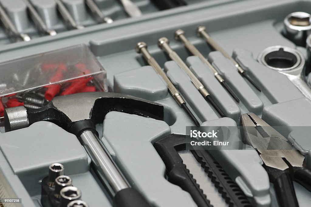 Verschiedene DYI tools'im toolkit box - Lizenzfrei Schachtel Stock-Foto