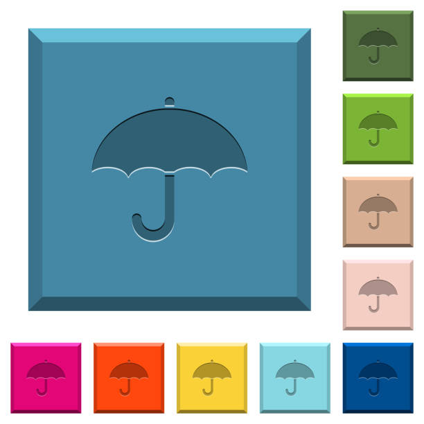 Umbrella engraved icons on edged square buttons Umbrella engraved icons on edged square buttons in various trendy colors aegis stock illustrations