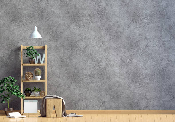 istock Modern interior with shalf, plant and lamp. Wall mock up. 3d illustration 911090336