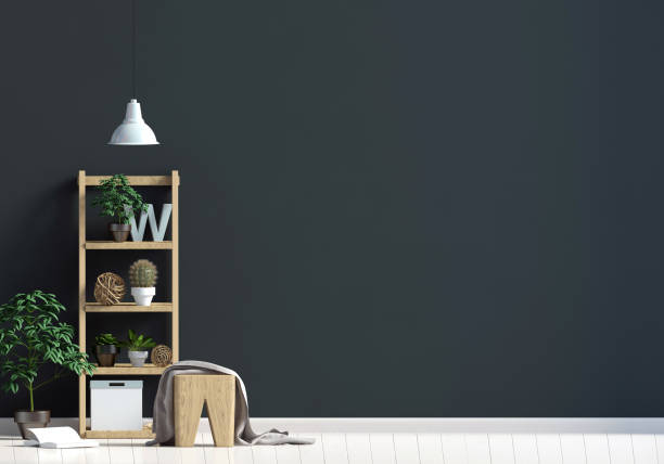 istock Modern interior with shalf, plant and lamp. Wall mock up. 3d illustration 911090368